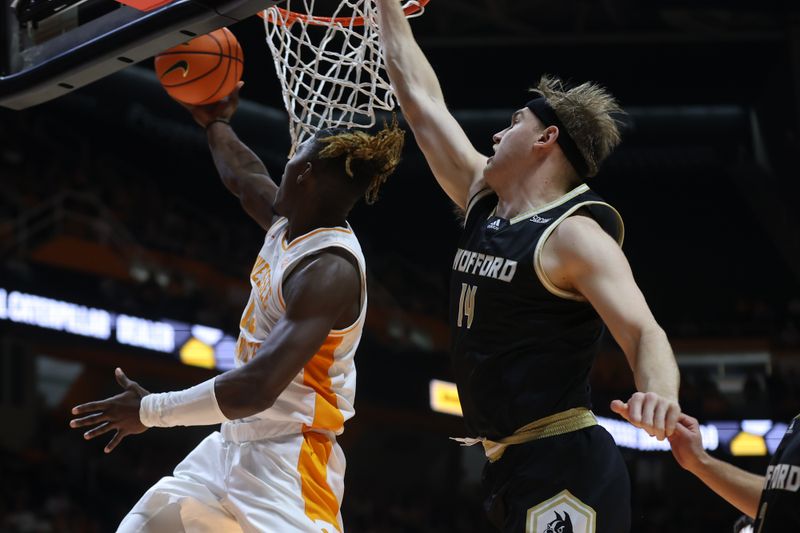 Nov 14, 2023; Knoxville, Tennessee, USA; Tennessee Volunteers guard Jahmai Mashack (15) lays the ball up against Wofford Terriers center Kyler Filewich (14) during the first half at Thompson-Boling Arena at Food City Center. Mandatory Credit: Randy Sartin-USA TODAY Sports