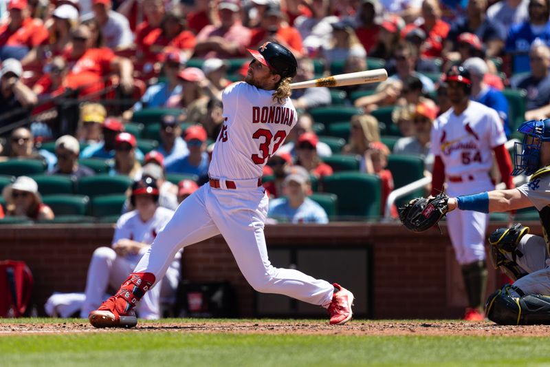 May 21, 2023; St. Louis, Missouri, USA;  St. Louis Cardinals Brendan Donovan (33) hits a single against the Los Angeles Dodgers in the fourth inning at Busch Stadium. Mandatory Credit: Zach Dalin-USA TODAY Sports