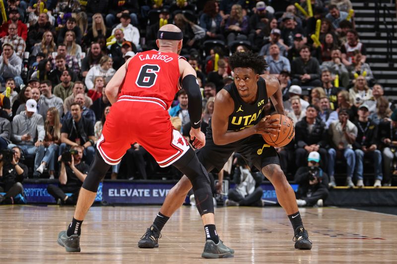 SALT LAKE CITY, UT - MARCH 6: Colin Sexton #2 of the Utah Jazz handles the ball during the game against the Chicago Bulls on March 6, 2024 at Delta Center in Salt Lake City, Utah. NOTE TO USER: User expressly acknowledges and agrees that, by downloading and or using this Photograph, User is consenting to the terms and conditions of the Getty Images License Agreement. Mandatory Copyright Notice: Copyright 2024 NBAE (Photo by Melissa Majchrzak/NBAE via Getty Images)