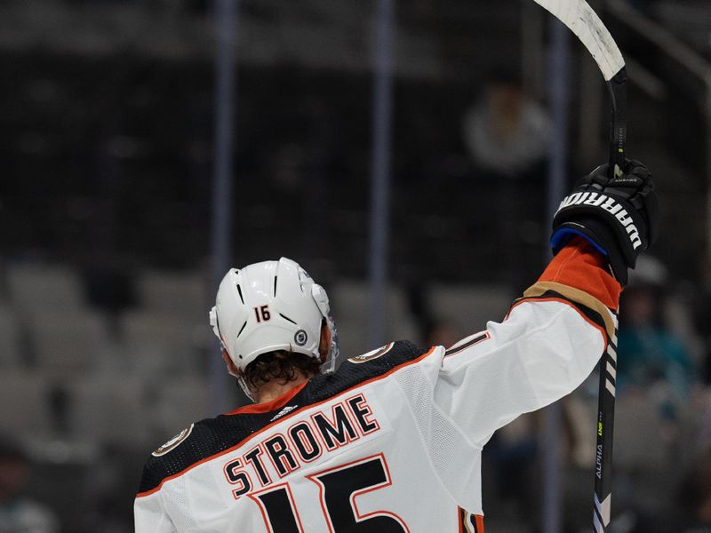 Sep 26, 2023; San Jose, California, USA; Anaheim Ducks center Ryan Strome (16) celebrates after the team scored a goal during the first period against the San Jose Sharks at SAP Center at San Jose. Mandatory Credit: Stan Szeto-USA TODAY Sports