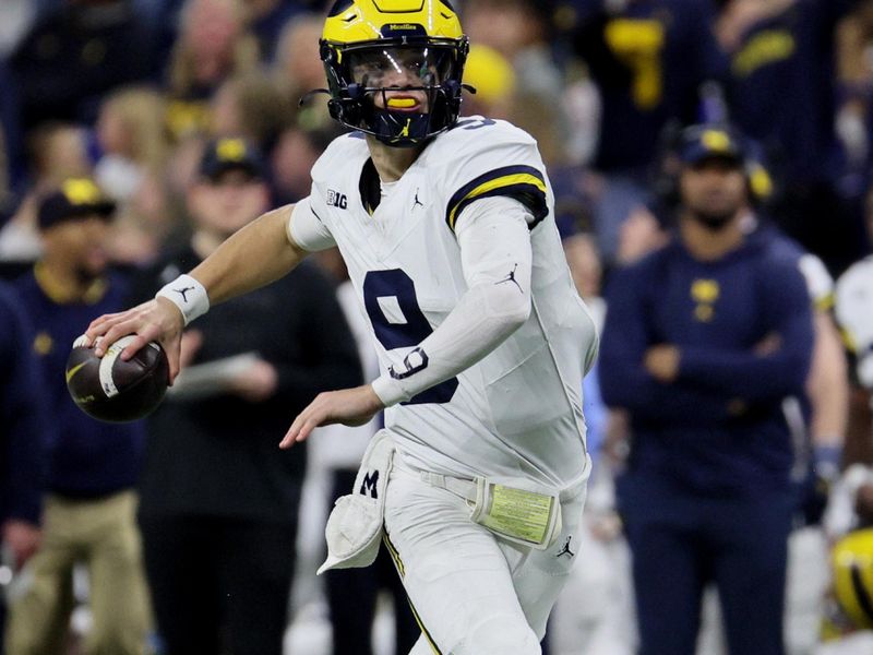 Dec 2, 2023; Indianapolis, IN, USA; Michigan Wolverines quarterback J.J. McCarthy (9) throws during the second half of the Big Ten Championship game against the Iowa Hawkeyes at Lucas Oil Stadium. Mandatory Credit: Trevor Ruszkowski-USA TODAY Sports