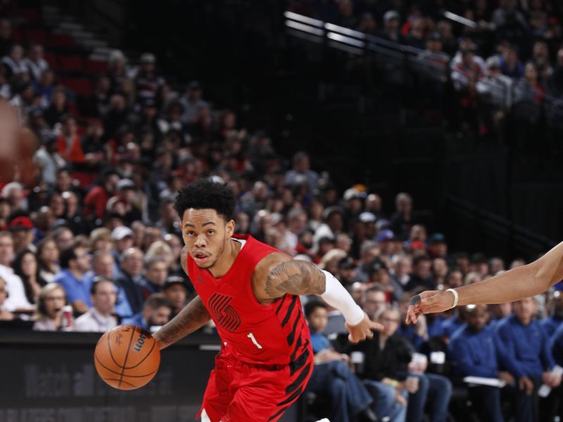 PORTLAND, OR - JANUARY 29: Anfernee Simons #1 of the Portland Trail Blazers drives to the basket during the game against the Philadelphia 76ers on January 29, 2024 at the Moda Center Arena in Portland, Oregon. NOTE TO USER: User expressly acknowledges and agrees that, by downloading and or using this photograph, user is consenting to the terms and conditions of the Getty Images License Agreement. Mandatory Copyright Notice: Copyright 2024 NBAE (Photo by Cameron Browne/NBAE via Getty Images)