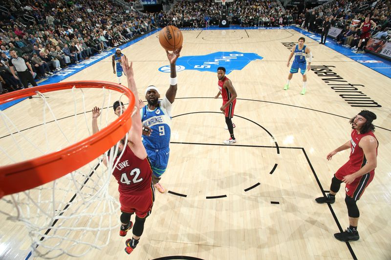 MILWAUKEE, WI - FEBRUARY 13: Bobby Portis #9 of the Milwaukee Bucks shoots the ball during the game against the Miami Heat on February 13, 2024 at the Fiserv Forum Center in Milwaukee, Wisconsin. NOTE TO USER: User expressly acknowledges and agrees that, by downloading and or using this Photograph, user is consenting to the terms and conditions of the Getty Images License Agreement. Mandatory Copyright Notice: Copyright 2024 NBAE (Photo by Gary Dineen/NBAE via Getty Images).