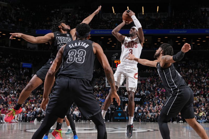 BROOKLYN, NY - FEBRUARY 8: Caris LeVert #3 of the Cleveland Cavaliers shoots the ball during the game against the Brooklyn Nets on February 8, 2024 at Barclays Center in Brooklyn, New York. NOTE TO USER: User expressly acknowledges and agrees that, by downloading and or using this Photograph, user is consenting to the terms and conditions of the Getty Images License Agreement. Mandatory Copyright Notice: Copyright 2024 NBAE (Photo by Jesse D. Garrabrant/NBAE via Getty Images)