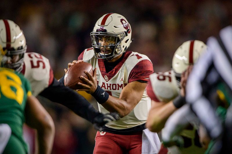 Nov 16, 2019; Waco, TX, USA; Oklahoma Sooners quarterback Jalen Hurts (1) throws the ball against the Baylor Bears during the first quarter at McLane Stadium. Mandatory Credit: Jerome Miron-USA TODAY Sports