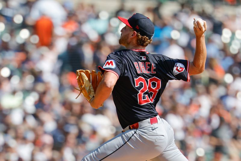 Sep 18, 2025; Detroit, Michigan, USA;  Cleveland Guardians pitcher Tanner Bibee (28) pitches in the first inning against the Detroit Tigers at Comerica Park. Mandatory Credit: Rick Osentoski-Imagn Images