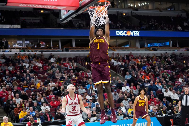 Mar 8, 2023; Chicago, IL, USA; Minnesota Golden Gophers forward Joshua Ola-Joseph (1) dunks against the Nebraska Cornhuskers during the second half at United Center. Mandatory Credit: David Banks-USA TODAY Sports