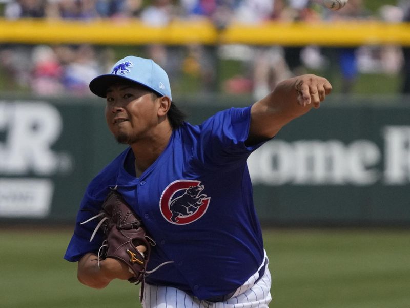 Mar 26, 2024; Mesa, Arizona, USA; Chicago Cubs starting pitcher Shota Imanaga (18) throws against the St. Louis Cardinals in the first inning at Sloan Park. Mandatory Credit: Rick Scuteri-USA TODAY Sports