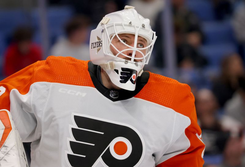 Apr 5, 2024; Buffalo, New York, USA;  Philadelphia Flyers goaltender Ivan Fedotov (82) during a stoppage in play against the Buffalo Sabres during the second period at KeyBank Center. Mandatory Credit: Timothy T. Ludwig-USA TODAY Sports