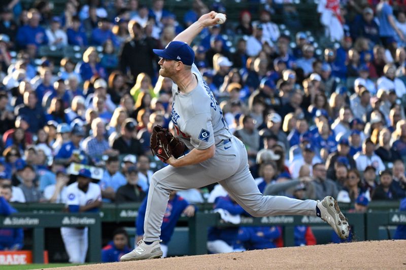 Apr 23, 2025; Chicago, Illinois, USA;  Los Angeles Dodgers pitcher Ben Casparius (78) delivers against the Chicago Cubs during the first inning at Wrigley Field. Mandatory Credit: Matt Marton-Imagn Images