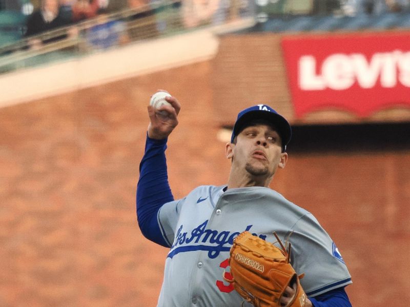 May 14, 2024; San Francisco, California, USA; Los Angeles Dodgers starting pitcher Gavin Stone (35) pitches the ball against the San Francisco Giants during the first inning at Oracle Park. Mandatory Credit: Kelley L Cox-USA TODAY Sports