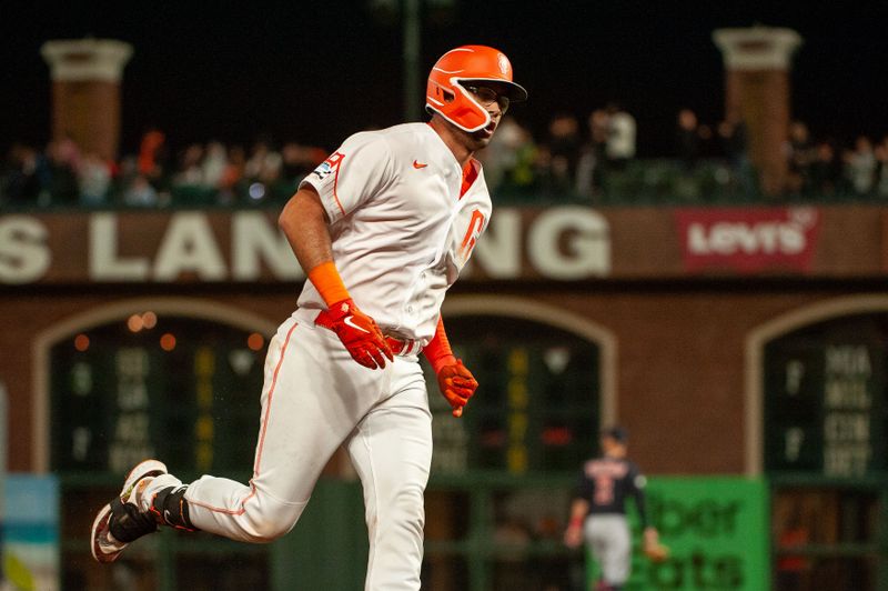 Sep 12, 2023; San Francisco, California, USA; San Francisco Giants catcher Blake Sabol (2) rounds third base after hitting a home run during the fifth inning against the Cleveland Guardians at Oracle Park. Mandatory Credit: Ed Szczepanski-USA TODAY Sports