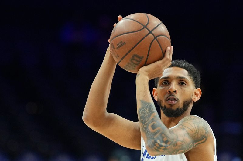 PHILADELPHIA, PENNSYLVANIA - FEBRUARY 09: Cameron Payne #22 of the Philadelphia 76ers warms up prior to the game against the Atlanta Hawks at the Wells Fargo Center on February 9, 2024 in Philadelphia, Pennsylvania. NOTE TO USER: User expressly acknowledges and agrees that, by downloading and or using this photograph, User is consenting to the terms and conditions of the Getty Images License Agreement. (Photo by Mitchell Leff/Getty Images)