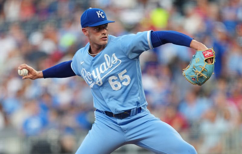 Aug 11, 2023; Kansas City, Missouri, USA; Kansas City Royals relief pitcher Dylan Coleman (65) pitches during the first inning against the St. Louis Cardinals at Kauffman Stadium. Mandatory Credit: Jay Biggerstaff-USA TODAY Sports