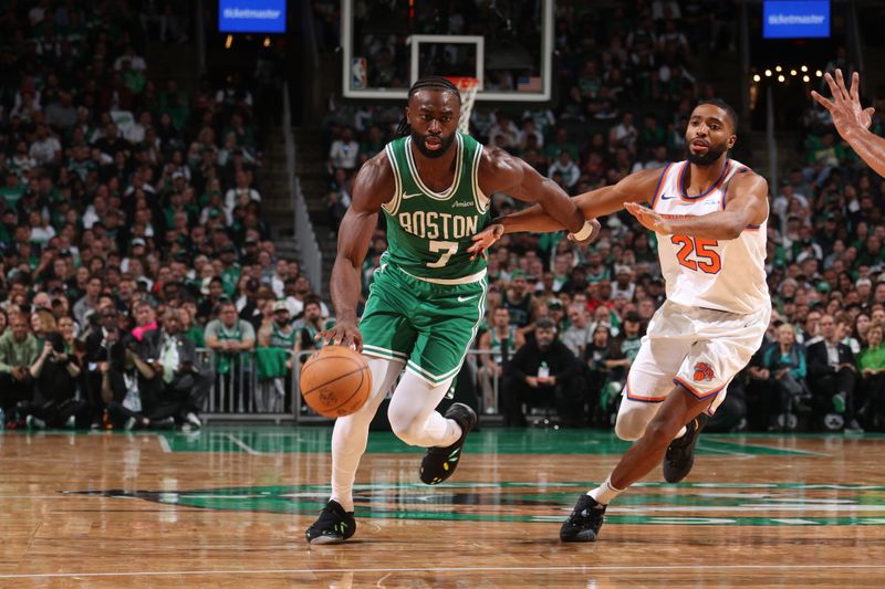 BOSTON, MA - OCTOBER 22: Jaylen Brown #7 of the Boston Celtics dribbles the ball during the game against the New York Knicks on October 22, 2024 at TD Garden in Boston, Massachusetts. NOTE TO USER: User expressly acknowledges and agrees that, by downloading and or using this Photograph, user is consenting to the terms and conditions of the Getty Images License Agreement. Mandatory Copyright Notice: Copyright 2024 NBAE (Photo by Nathaniel S. Butler/NBAE via Getty Images)