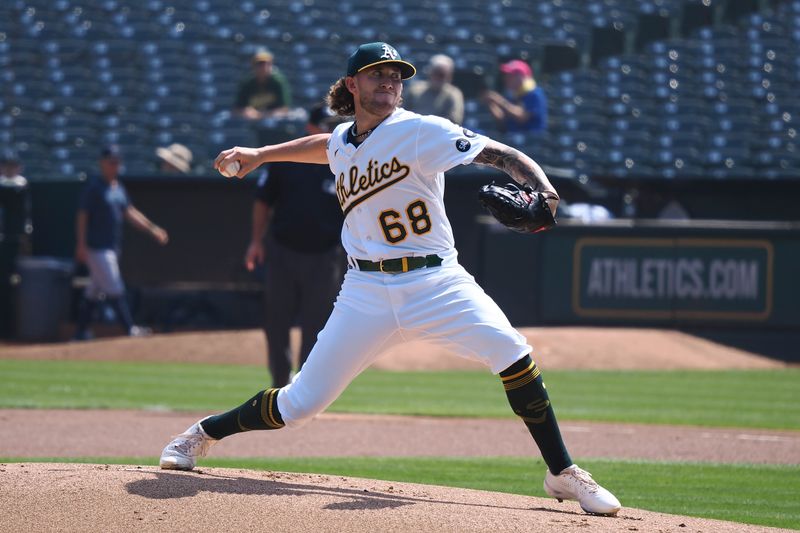 Sep 20, 2023; Oakland, California, USA; Oakland Athletics starting pitcher Joey Estes (68) pitches against the Seattle Mariners during the first inning at Oakland-Alameda County Coliseum. Mandatory Credit: Kelley L Cox-USA TODAY Sports