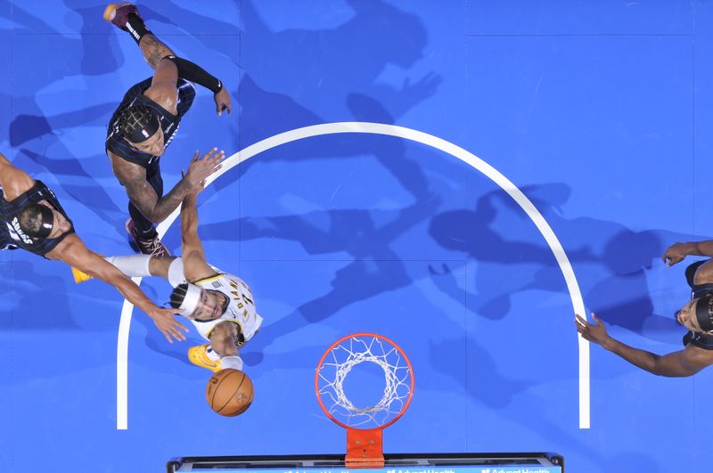 ORLANDO, FL - OCTOBER 28: Andrew Nembhard #2 of the Indiana Pacers drives to the basket during the game against the Orlando Magic on October 28, 2024 at Kia Center in Orlando, Florida. NOTE TO USER: User expressly acknowledges and agrees that, by downloading and or using this photograph, User is consenting to the terms and conditions of the Getty Images License Agreement. Mandatory Copyright Notice: Copyright 2024 NBAE (Photo by Fernando Medina/NBAE via Getty Images)