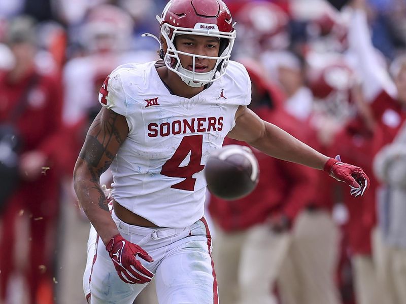 Nov 18, 2023; Provo, Utah, USA; Oklahoma Sooners wide receiver Nic Anderson (4) looks for a pass against the Brigham Young Cougars in the fourth quarter at LaVell Edwards Stadium. Mandatory Credit: Rob Gray-USA TODAY Sports