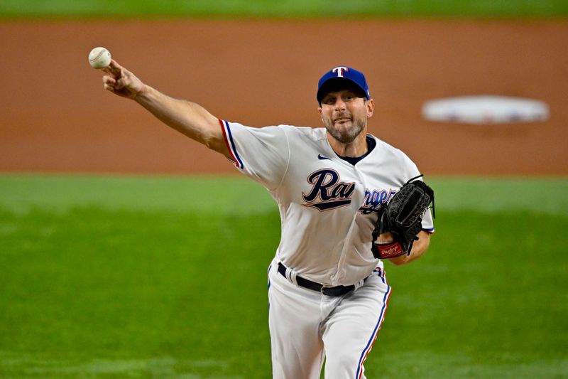 Aug 3, 2023; Arlington, Texas, USA; Texas Rangers starting pitcher Max Scherzer (31) pitches against the Chicago White Sox during the first inning at Globe Life Field. Mandatory Credit: Jerome Miron-USA TODAY Sports