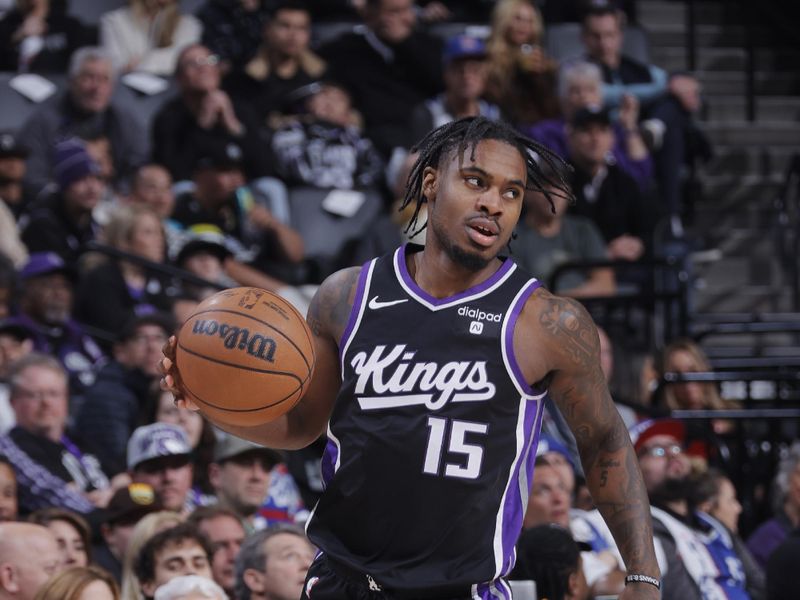 SACRAMENTO, CA - FEBRUARY 7: Davion Mitchell #15 of the Sacramento Kings dribbles the ball during the game against the Detroit Pistons on February 7, 2024 at Golden 1 Center in Sacramento, California. NOTE TO USER: User expressly acknowledges and agrees that, by downloading and or using this Photograph, user is consenting to the terms and conditions of the Getty Images License Agreement. Mandatory Copyright Notice: Copyright 2024 NBAE (Photo by Rocky Widner/NBAE via Getty Images)