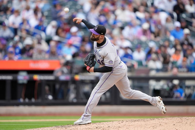 Jun 1, 2025; New York City, New York, USA; Colorado Rockies pitcher Tyler Kinley (40) delivers a pitch against the New York Mets during the seventh inning at Citi Field. Mandatory Credit: Gregory Fisher-Imagn Images
