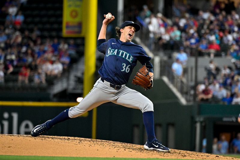 Apr 23, 2024; Arlington, Texas, USA; Seattle Mariners starting pitcher Logan Gilbert (36) pitches against the Texas Rangers during the third inning at Globe Life Field. Mandatory Credit: Jerome Miron-USA TODAY Sports