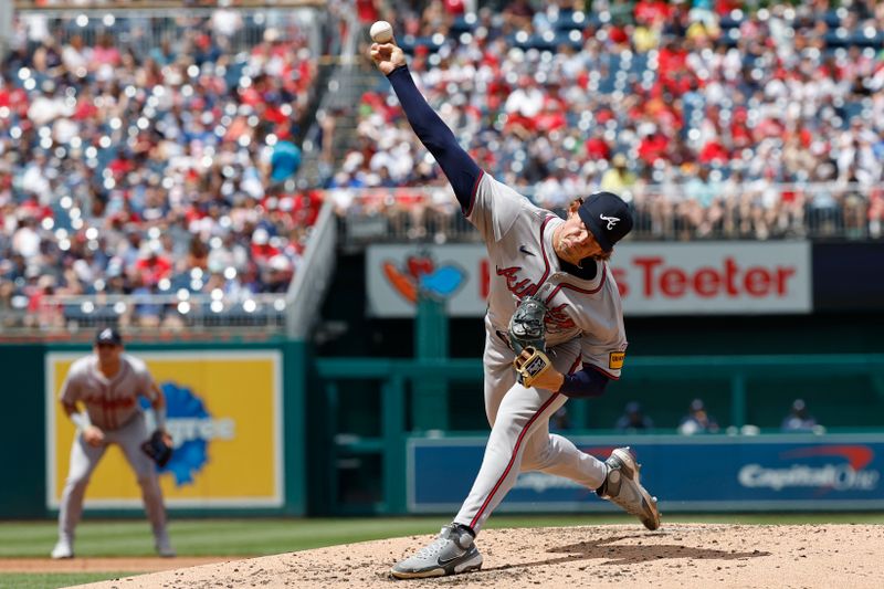 Jun 9, 2024; Washington, District of Columbia, USA; Atlanta Braves starting pitcher Hurston Waldrep (30) pitches during his MLB debut against the Washington Nationals during the second inning at Nationals Park. Mandatory Credit: Geoff Burke-USA TODAY Sports