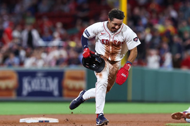 Jun 11, 2024; Boston, Massachusetts, USA; Boston Red Sox shortstop David Hamilton (70) runs to third during the ninth inning against the Philadelphia Phillies at Fenway Park. Mandatory Credit: Paul Rutherford-USA TODAY Sports