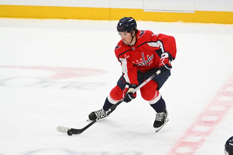 Feb 5, 2026; Washington, District of Columbia, USA; Washington Capitals right wing Ryan Leonard (9) handles the puck against the Nashville Predators during the third period at Capital One Arena. Mandatory Credit: Brad Mills-Imagn Images
