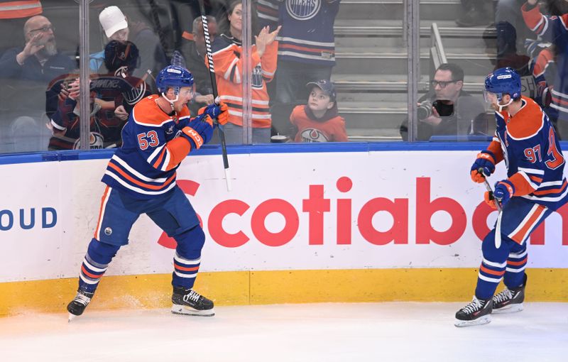 Mar 20, 2025; Edmonton, Alberta, CAN;  Edmonton Oilers center Jeff Skinner (53)  along with Edmonton Oilers centre Connor McDavid (97)  celebrate a goal during the first period at Rogers Place. Mandatory Credit: Walter Tychnowicz-Imagn Images