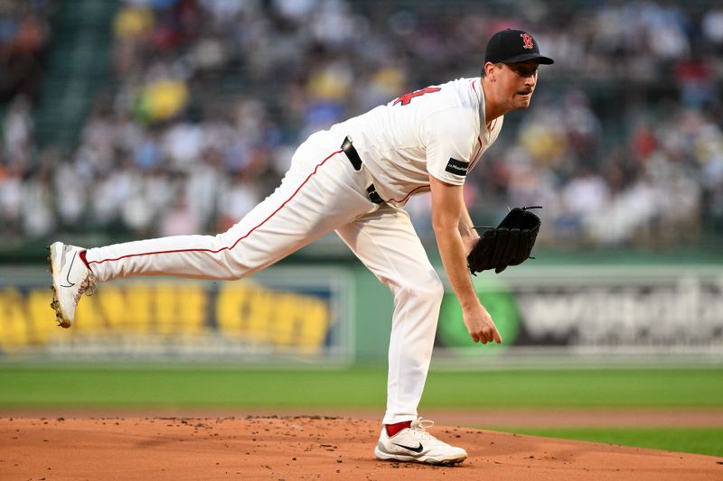 Aug 27, 2024; Boston, Massachusetts, USA; Boston Red Sox starting pitcher Cooper Criswell (64) pitches against the Toronto Blue Jays during the first inning at Fenway Park. Mandatory Credit: Brian Fluharty-USA TODAY Sports