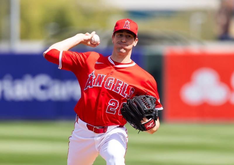 Mar 16, 2025; Tempe, Arizona, USA; Los Angeles Angels pitcher Kyle Hendricks against the San Diego Padres during a spring training game at Tempe Diablo Stadium. Mandatory Credit: Mark J. Rebilas-Imagn Images