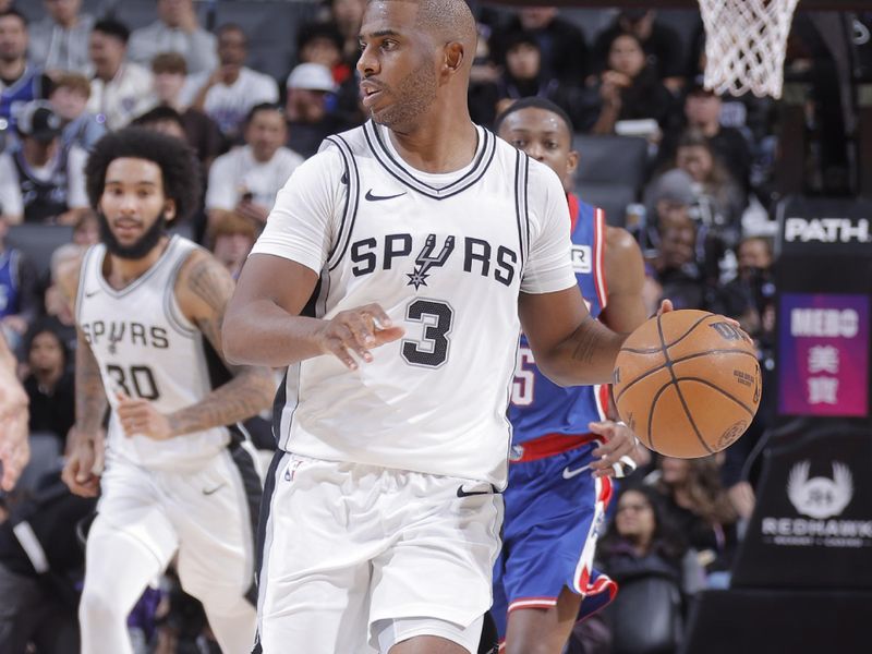 SACRAMENTO, CA - DECEMBER 1: Chris Paul #3 of the San Antonio Spurs dribbles the ball during the game against the Sacramento Kings on December 1, 2024 at Golden 1 Center in Sacramento, California. NOTE TO USER: User expressly acknowledges and agrees that, by downloading and or using this Photograph, user is consenting to the terms and conditions of the Getty Images License Agreement. Mandatory Copyright Notice: Copyright 2024 NBAE (Photo by Rocky Widner/NBAE via Getty Images)