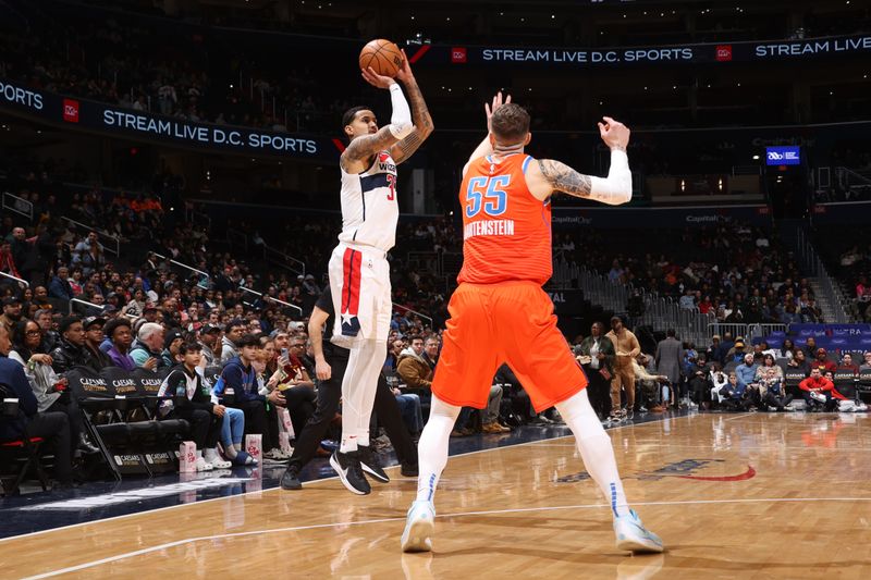 WASHINGTON, DC -? JANUARY 12:  Kyle Kuzma #33 of the Washington Wizards shoots the ball during the game against the Oklahoma City Thunder on January 12, 2025 at Capital One Arena in Washington, DC. NOTE TO USER: User expressly acknowledges and agrees that, by downloading and or using this Photograph, user is consenting to the terms and conditions of the Getty Images License Agreement. Mandatory Copyright Notice: Copyright 2025 NBAE (Photo by Kenny Giarla/NBAE via Getty Images)