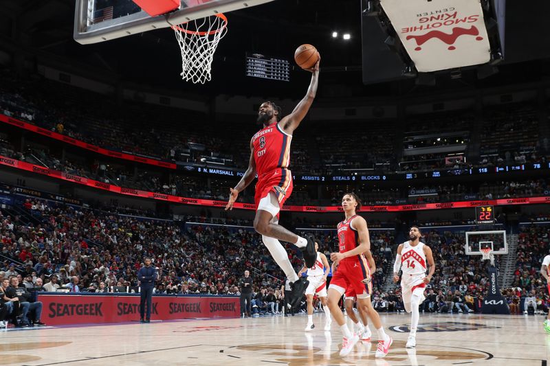 NEW ORLEANS, LA - FEBRUARY 5: Naji Marshall #8 of the New Orleans Pelicans dunks the ball during the game against the Toronto Raptors on February 5, 2024 at the Smoothie King Center in New Orleans, Louisiana. NOTE TO USER: User expressly acknowledges and agrees that, by downloading and or using this Photograph, user is consenting to the terms and conditions of the Getty Images License Agreement. Mandatory Copyright Notice: Copyright 2024 NBAE (Photo by Layne Murdoch Jr./NBAE via Getty Images)