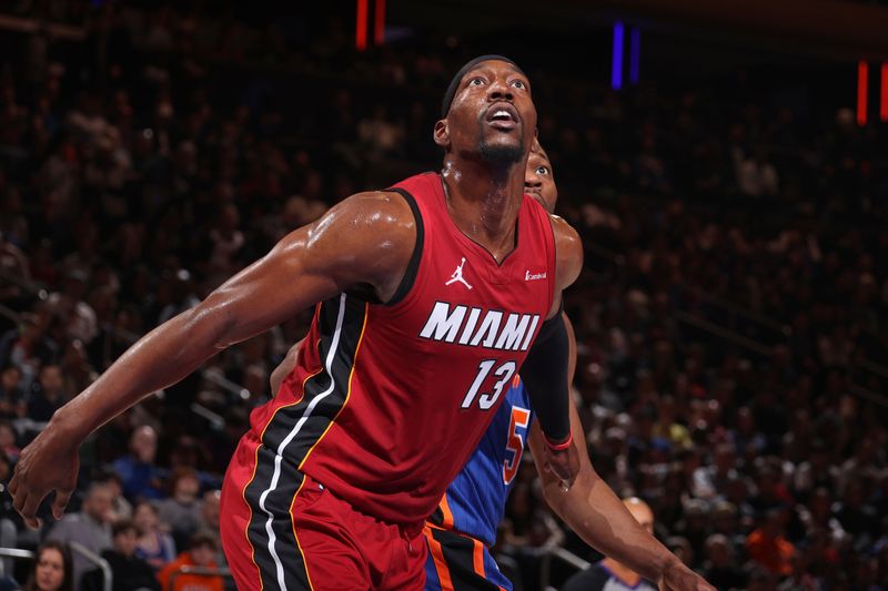 NEW YORK, NY - JANUARY 27: Bam Adebayo #13 of the Miami Heat boxes out during the game against the New York Knicks on January 27, 2024 at Madison Square Garden in New York City, New York.  NOTE TO USER: User expressly acknowledges and agrees that, by downloading and or using this photograph, User is consenting to the terms and conditions of the Getty Images License Agreement. Mandatory Copyright Notice: Copyright 2024 NBAE  (Photo by Nathaniel S. Butler/NBAE via Getty Images)