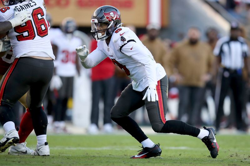 Tampa Bay Buccaneers linebacker SirVocea Dennis (8) rushes during an NFL football game against the San Francisco 49ers, Sunday, Nov. 19, 2023, in Santa Clara, Calif. (AP Photo/Scot Tucker)