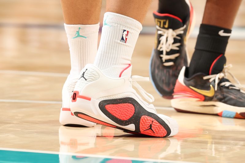 CHARLOTTE, NC - NOVEMBER 6: The sneakers worn by Grant Williams #2 of the Charlotte Hornets during the game against the Detroit Pistons on November 6, 2024 at Spectrum Center in Charlotte, North Carolina. NOTE TO USER: User expressly acknowledges and agrees that, by downloading and or using this photograph, User is consenting to the terms and conditions of the Getty Images License Agreement. Mandatory Copyright Notice: Copyright 2024 NBAE (Photo by Kent Smith/NBAE via Getty Images)