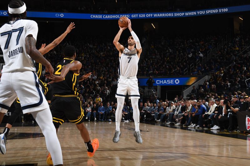 SAN FRANCISCO, CA - MARCH 20: Santi Aldama #7 of the Memphis Grizzlies shoots the ball during the game against the Golden State Warriors on March 20, 2024 at Chase Center in San Francisco, California. NOTE TO USER: User expressly acknowledges and agrees that, by downloading and or using this photograph, user is consenting to the terms and conditions of Getty Images License Agreement. Mandatory Copyright Notice: Copyright 2024 NBAE (Photo by Noah Graham/NBAE via Getty Images)