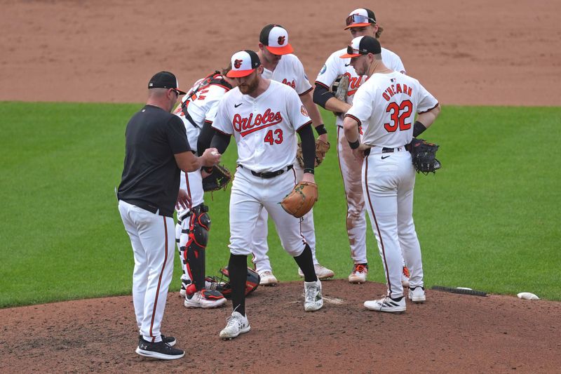 Jun 13, 2024; Baltimore, Maryland, USA; Baltimore Orioles manager Brandon Hyde (left) removes pitcher Bryan Baker (center) in the eight inning against the Atlanta Braves at Oriole Park at Camden Yards. Mandatory Credit: Mitch Stringer-USA TODAY Sports