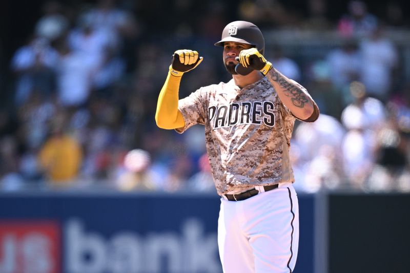 Jul 9, 2023; San Diego, California, USA; San Diego Padres catcher Gary Sanchez (99) gestures after hitting a double against the New York Mets during the sixth inning at Petco Park. Mandatory Credit: Orlando Ramirez-USA TODAY Sports