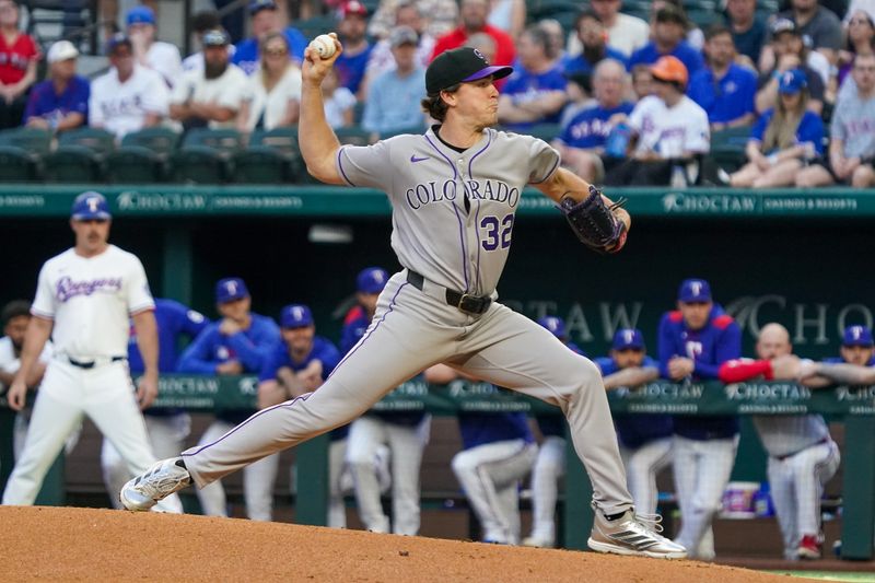 May 12, 2025; Arlington, Texas, USA; Colorado Rockies pitcher Chase Dollander (32) throws to the plate during the first inning against the Texas Rangers at Globe Life Field. Mandatory Credit: Raymond Carlin III-Imagn Images