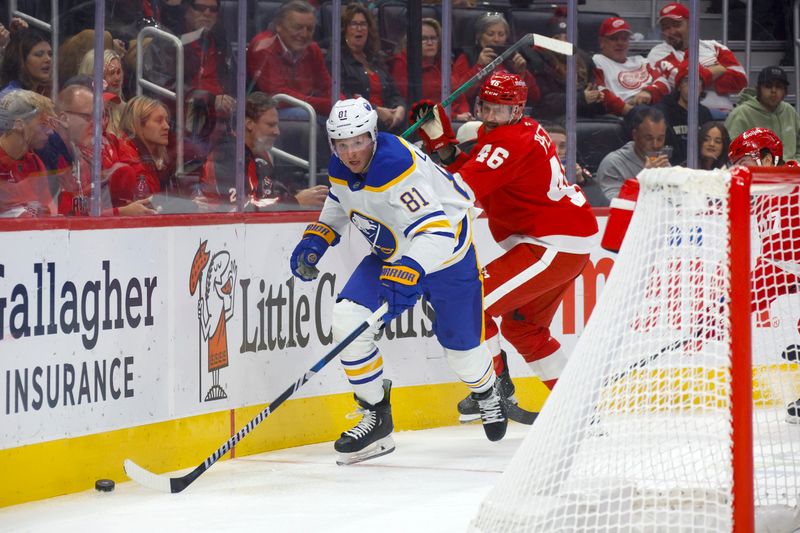 Nov 2, 2024; Detroit, Michigan, USA; Buffalo Sabres center Sam Lafferty (81) handles the puck during the first period of the game against the Detroit Red Wings at Little Caesars Arena. Mandatory Credit: Brian Bradshaw Sevald-Imagn Images