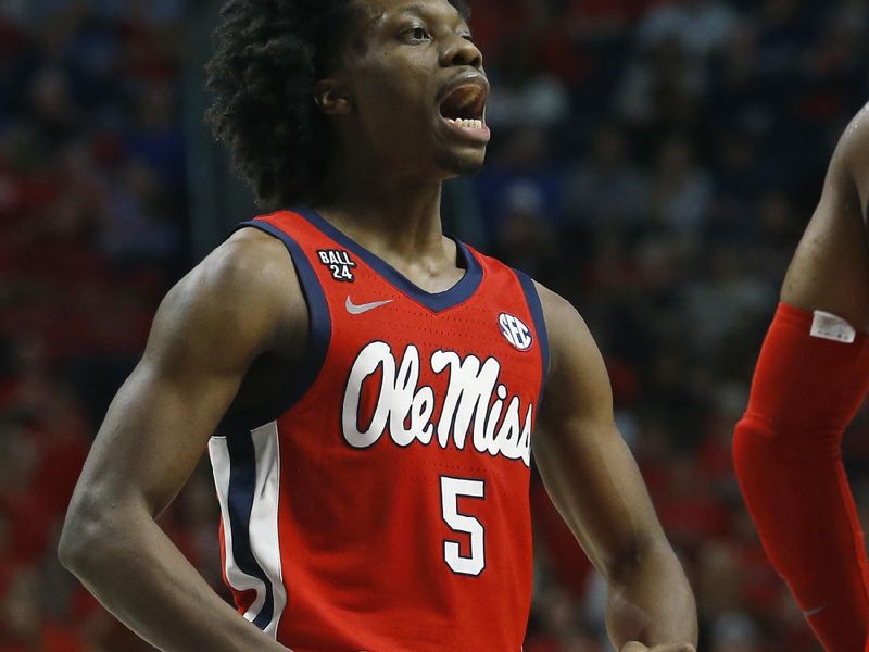 Dec 2, 2023; Oxford, Mississippi, USA; Mississippi Rebels guard Jaylen Murray (5) reacts during the first half against the Memphis Tigers at The Sandy and John Black Pavilion at Ole Miss. Mandatory Credit: Petre Thomas-USA TODAY Sports