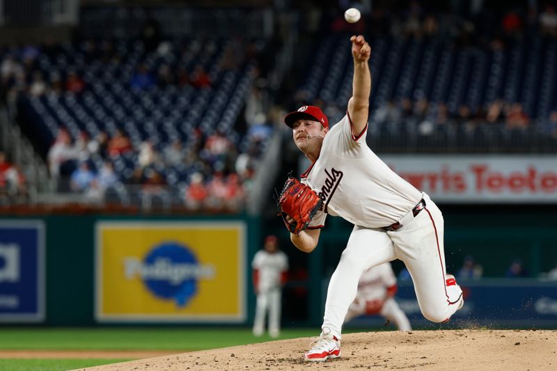 Sep 24, 2024; Washington, District of Columbia, USA; Washington Nationals starting pitcher Mitchell Parker (70) pitches against the Kansas City Royals during the second inning at Nationals Park. Mandatory Credit: Geoff Burke-Imagn Images