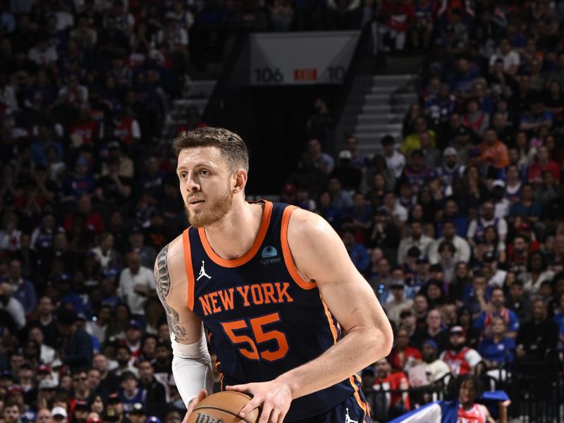 PHILADELPHIA, PA - APRIL 28: Isaiah Hartenstein #55 of the New York Knicks looks to pass the ball during the game against the Philadelphia 76ers during Round 1 Game 4 of the 2024 NBA Playoffs on April 28, 2024 at the Wells Fargo Center in Philadelphia, Pennsylvania NOTE TO USER: User expressly acknowledges and agrees that, by downloading and/or using this Photograph, user is consenting to the terms and conditions of the Getty Images License Agreement. Mandatory Copyright Notice: Copyright 2024 NBAE (Photo by David Dow/NBAE via Getty Images)