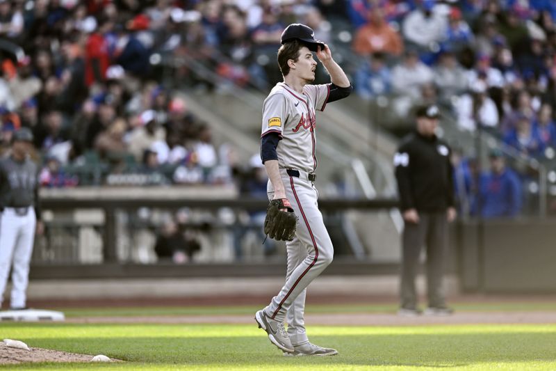 May 11, 2024; New York City, New York, USA; Atlanta Braves pitcher Max Fried (54) watches a fly ball during the sixth inning against the New York Mets at Citi Field. Mandatory Credit: John Jones-USA TODAY Sports