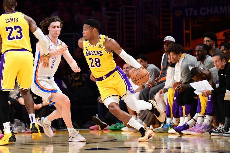 LOS ANGELES, CA - MARCH 4: Rui Hachimura #28 of the Los Angeles Lakers dribbles the ball during the game against the Oklahoma City Thunder on March 4, 2024 at Crypto.Com Arena in Los Angeles, California. NOTE TO USER: User expressly acknowledges and agrees that, by downloading and/or using this Photograph, user is consenting to the terms and conditions of the Getty Images License Agreement. Mandatory Copyright Notice: Copyright 2024 NBAE (Photo by Adam Pantozzi/NBAE via Getty Images)