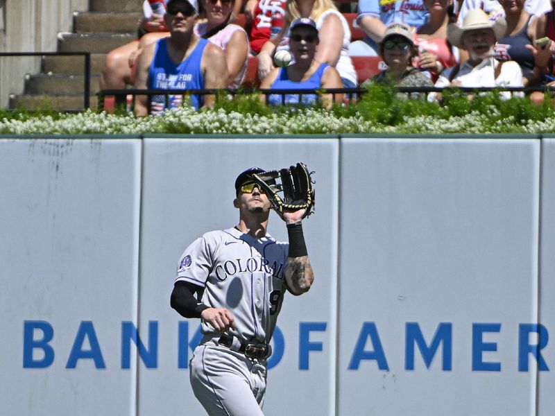 Aug 6, 2023; St. Louis, Missouri, USA;  Colorado Rockies center fielder Brenton Doyle (9) catches a fly ball against the St. Louis Cardinals during the second inning at Busch Stadium. Mandatory Credit: Jeff Curry-USA TODAY Sports