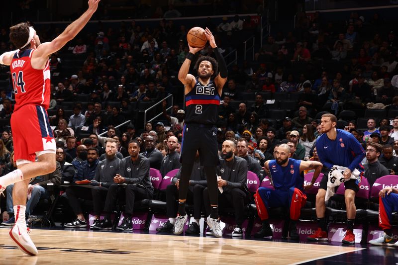 WASHINGTON, DC -? MARCH 29: Cade Cunningham #2 of the Detroit Pistons shoots a three point basket during the game against the Washington Wizards on March 29, 2024 at Capital One Arena in Washington, DC. NOTE TO USER: User expressly acknowledges and agrees that, by downloading and or using this Photograph, user is consenting to the terms and conditions of the Getty Images License Agreement. Mandatory Copyright Notice: Copyright 2024 NBAE (Photo by Kenny Giarla/NBAE via Getty Images)